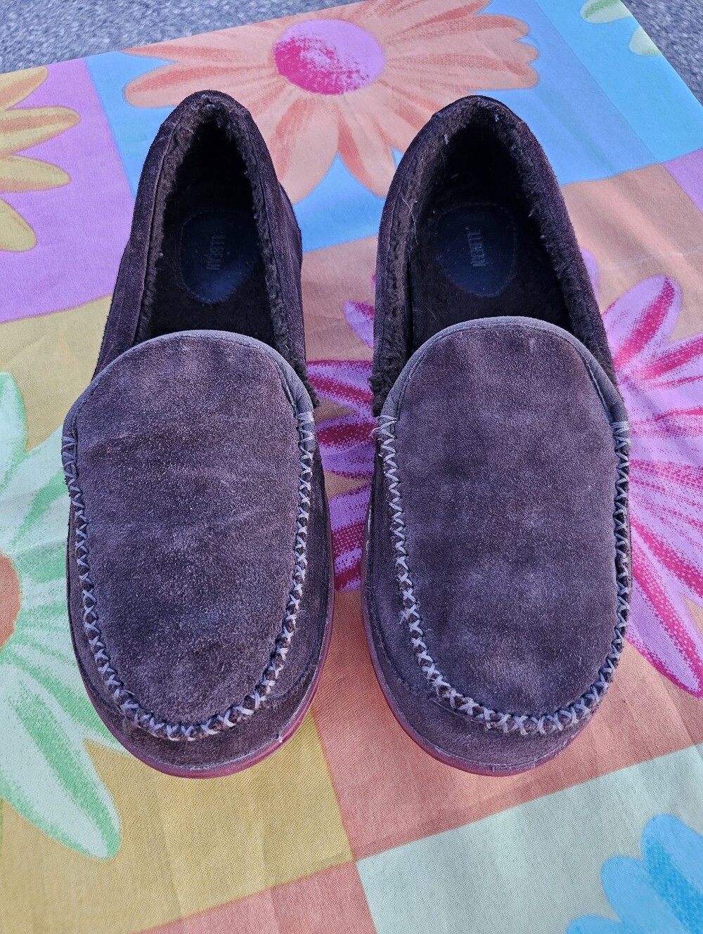 L.L.Bean Men's 11M Wicked Good Venetian Moccasin Slippers Brown Suede Shearling